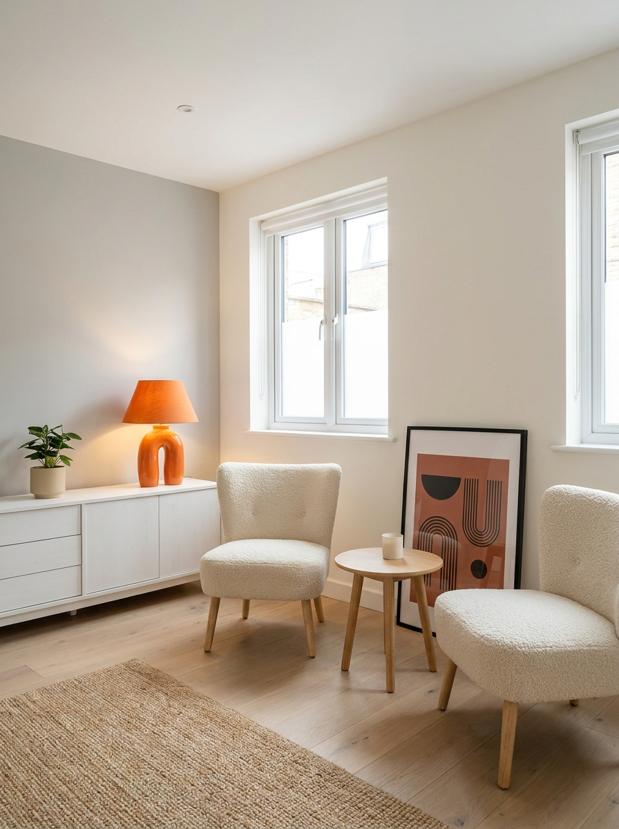Heller Coaching-Raum mit zwei Bouclé-Sesseln, oranger Tischlampe und Kunstdruck